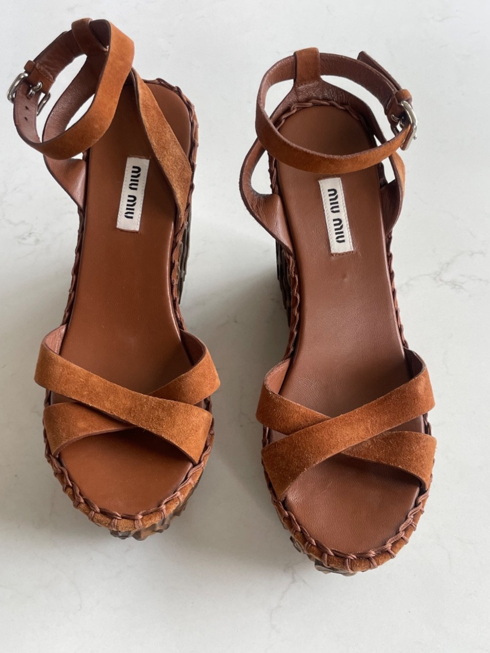 Miu Miu Cognac Suede Wavy Carved Wooden Wedge Platform Sandals Size 38